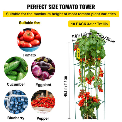 Tomatburar, 28 x 28 x 112 cm, 10-pack fyrkantiga växtstödburar, gröna PVC-belagda ståltomattorn för klättergrönsaker, växter, blommor och frukter