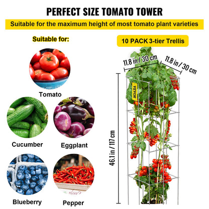 Tomatburar, 28 x 28 x 112 cm, 10-pack fyrkantiga växtstödburar, silverfärgade PVC-belagda tomattorn i stål för klättergrönsaker, växter, blommor och frukter