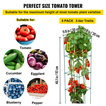 Tomatburar, 28 x 28 x 112 cm, 5-pack fyrkantiga växtstödburar, gröna PVC-belagda tomattorn i stål för klättergrönsaker, växter, blommor och frukter