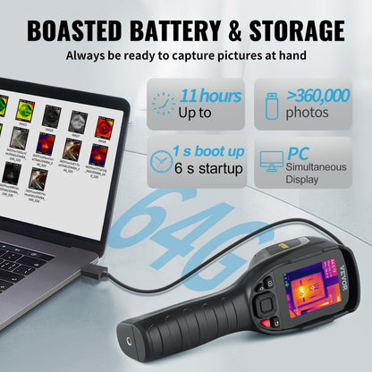 Värmekamera, 320 x 240 pixlars superupplösning med 2MP visuell kamera, 25Hz uppdateringsfrekvens infraröd kamera med -4℉~1022℉ temperatur, 64G SD-kort och uppladdningsbart litiumjonbatteri