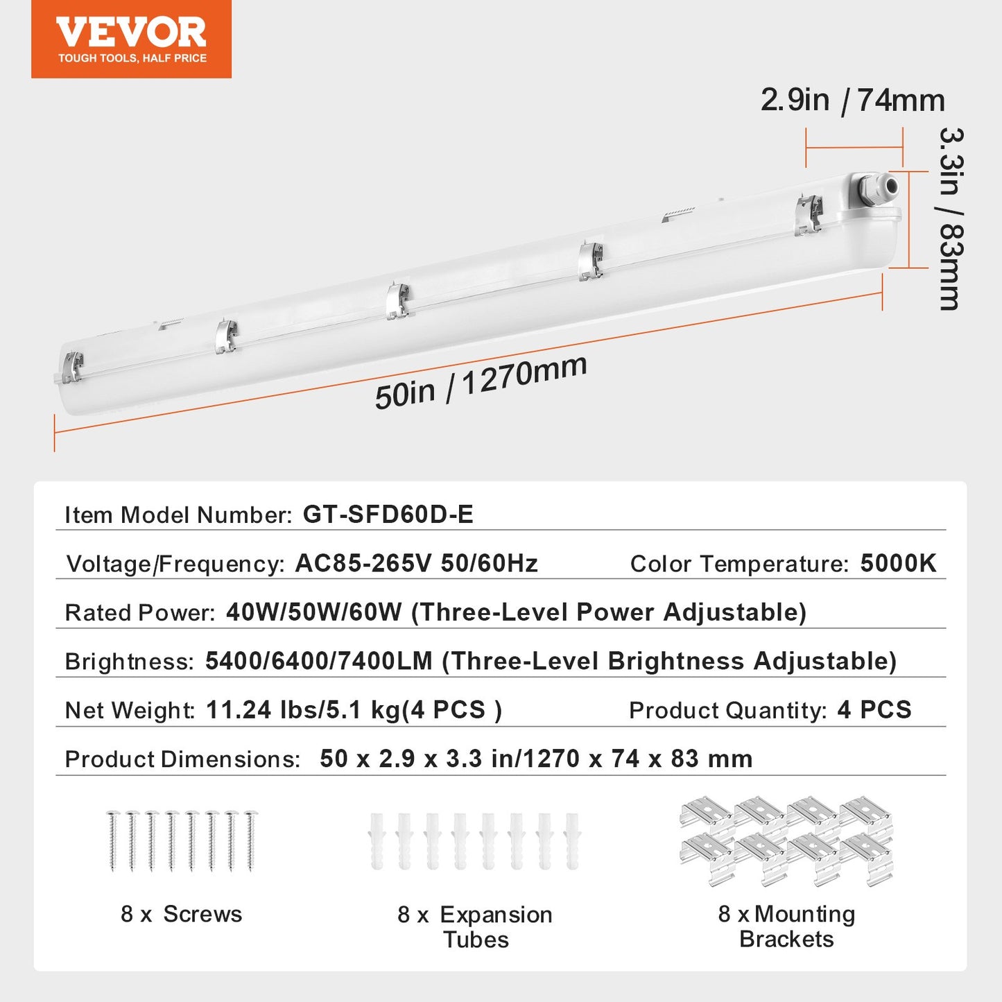 1270 mm / 4 fot LED-ångtät belysning, 60 W/50 W/40 W valbar, 5000 K ångtät belysningsarmatur med 5400/6400/7400 LM justerbar, IP65 vattentät för parkeringsplats, lager, frys, biltvätt, 4-pack