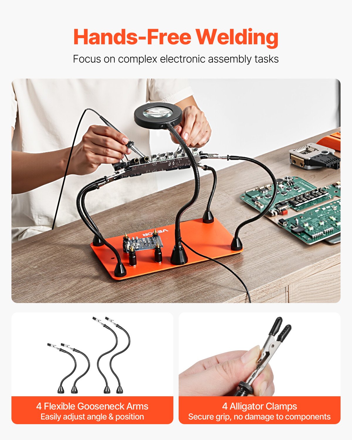 Magnetisk lödstation med hjälpande händer, 4 flexibla armar för tredje hand, med 3X LED-förstoringslampa, hållare för 4 kretskort och kraftig bas, elektronikreparation, hantverk, hobby, gör-det-själv