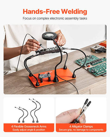 Magnetisk lödstation med hjälpande händer, 4 flexibla armar för tredje hand, med 3X LED-förstoringslampa, hållare för 4 kretskort och kraftig bas, elektronikreparation, hantverk, hobby, gör-det-själv