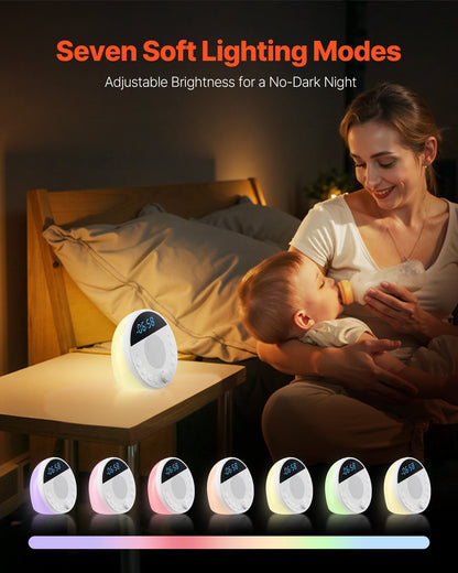 Ljudmaskin, 18 lugnande sömnljud och 7-färgad nattlampa, 5-i-1 ljudmaskin med vitt brus, dubbla larm, automatisk avstängningstimer och minnesfunktion, för baby, vuxna, hem, kontor och resor