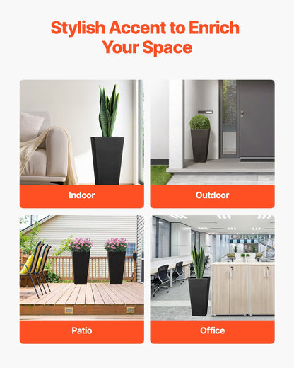 Set med 2 höga utomhuskrukor, 22 tum, stora krukor för utomhus- och inomhusväxter, svarta avsmalnande fyrkantiga krukor för veranda, blomträdskrukor med modern design och inbyggd dränering