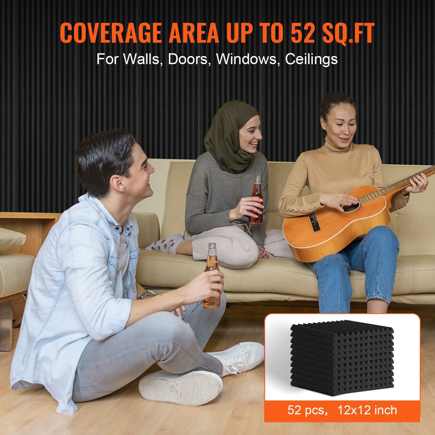 Akustiska skumpaneler, 52-pack 12 x 12 x 1 tum, ljudisolerade väggpaneler med hög densitet, brandsäkra akustiska paneler, ljuddämpande paneler för studioväggar och tak, svart