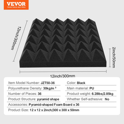 Akustiska skumpaneler, 36-pack 12 x 12 x 2 tum, Pyramidformade ljudisolerade väggpaneler, Brandsäkra akustiska paneler, Ljuddämpande paneler för studioväggar och tak, Svart