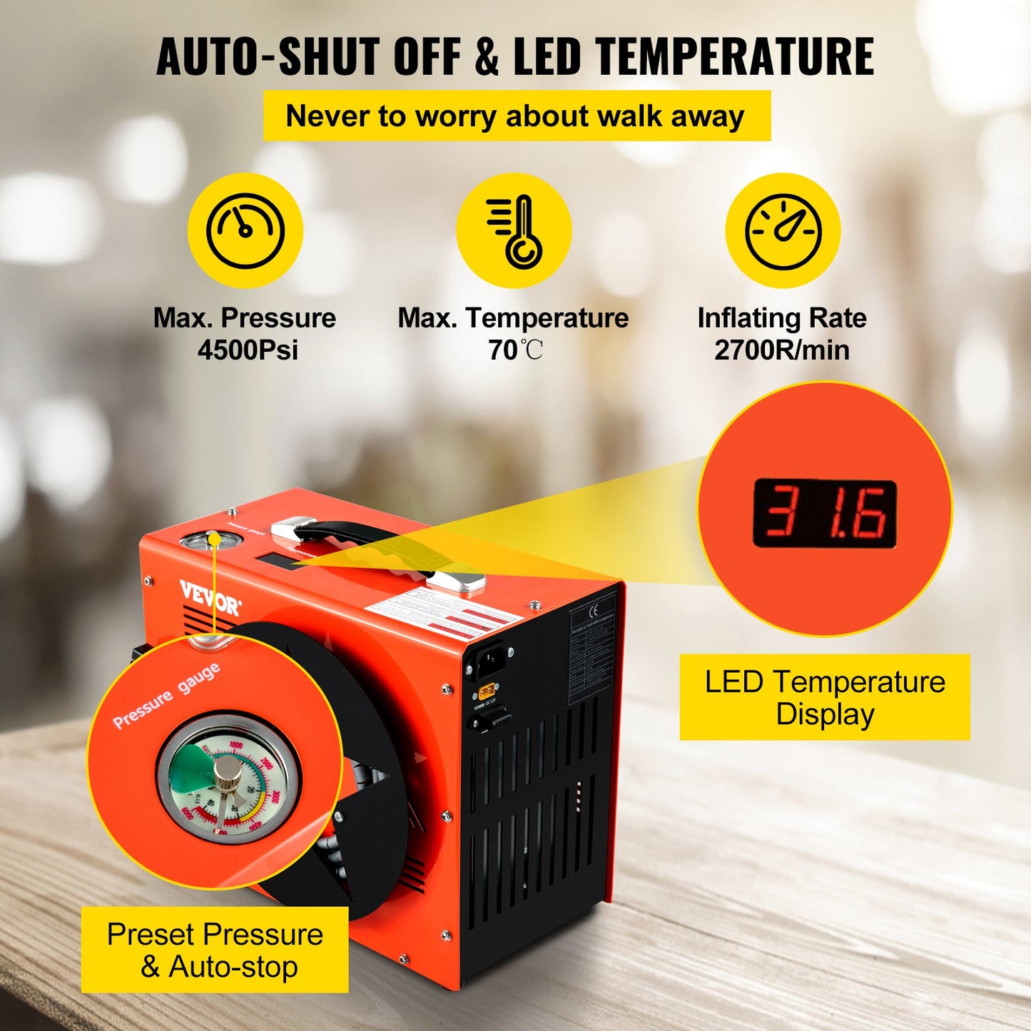 PCP-luftkompressor, 350W 2700 RPM bärbar dykkompressor, 4500 Psi högt tryck med 8 mm snabbkoppling och inbyggd kylfläkt, 1,5L tank med automatisk avstängning, drivs av hem- och bilbatteri