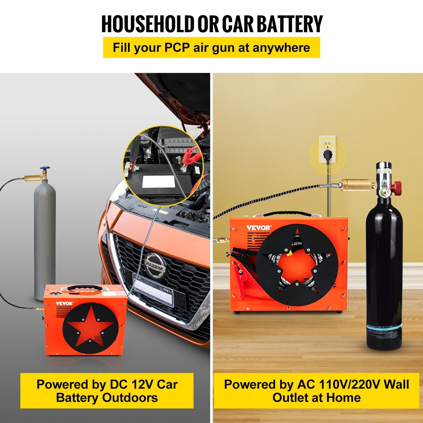 PCP-luftkompressor, 350W 2700 RPM bärbar dykkompressor, 4500 Psi högt tryck med 8 mm snabbkoppling och inbyggd kylfläkt, 1,5L tank med automatisk avstängning, drivs av hem- och bilbatteri