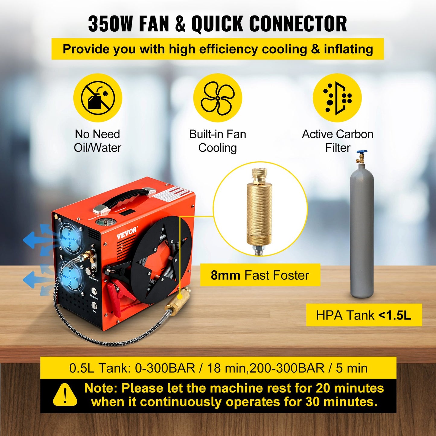 PCP-luftkompressor, 350W 2700 RPM bärbar dykkompressor, 4500 Psi högt tryck med 8 mm snabbkoppling och inbyggd kylfläkt, 1,5L tank med automatisk avstängning, drivs av hem- och bilbatteri