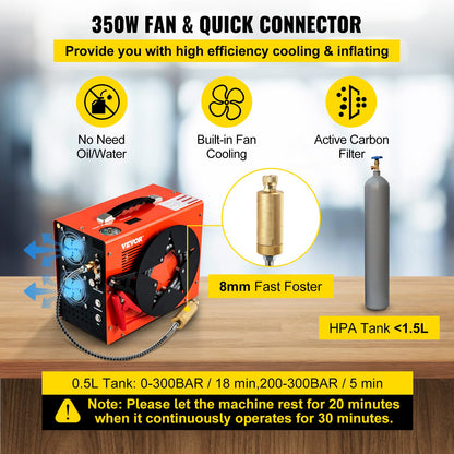 PCP-luftkompressor, 350W 2700 RPM bärbar dykkompressor, 4500 Psi högt tryck med 8 mm snabbkoppling och inbyggd kylfläkt, 1,5L tank med automatisk avstängning, drivs av hem- och bilbatteri