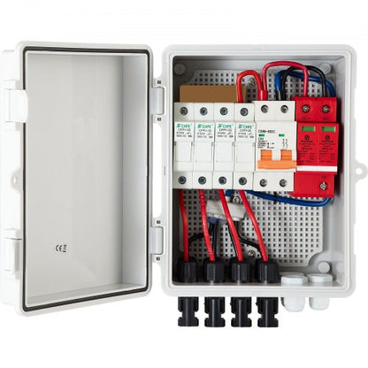 PV-kombinationsbox, 4-strängad, solkombinationsbox med 15A märkströmssäkring, 63A brytare, åskskydd och solkontakt, för solpanelsystem på/av elnät, IP65 vattentät