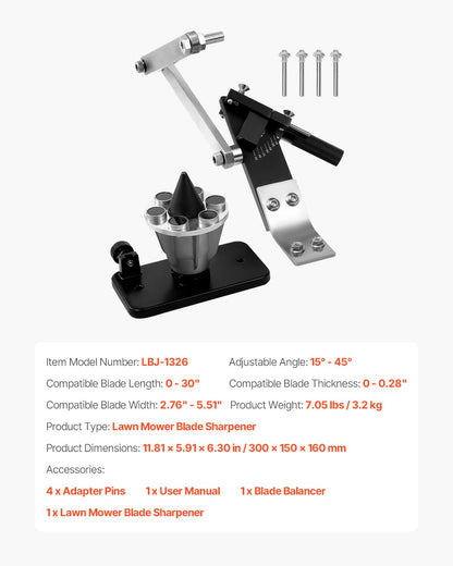 Gräsklipparknivslipare och balansblock, 15° - 45° justerbart gräsklipparknivslipverktyg med 4 adapterstift, kullager och 25 mm förstorat handtag, kompatibel med de flesta vinkelslipar