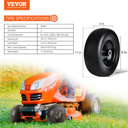Lawn Mower Tires with Rim, 11x4-5" Tubeless Tractor Tires, 2-Pack Tire and Wheel Assemby, Flat-free PU Tire, 3.4" Centered Hub, 3/4" Bushing Size, 20 PCS Adapters for Riding Mowers Lawn Tractors