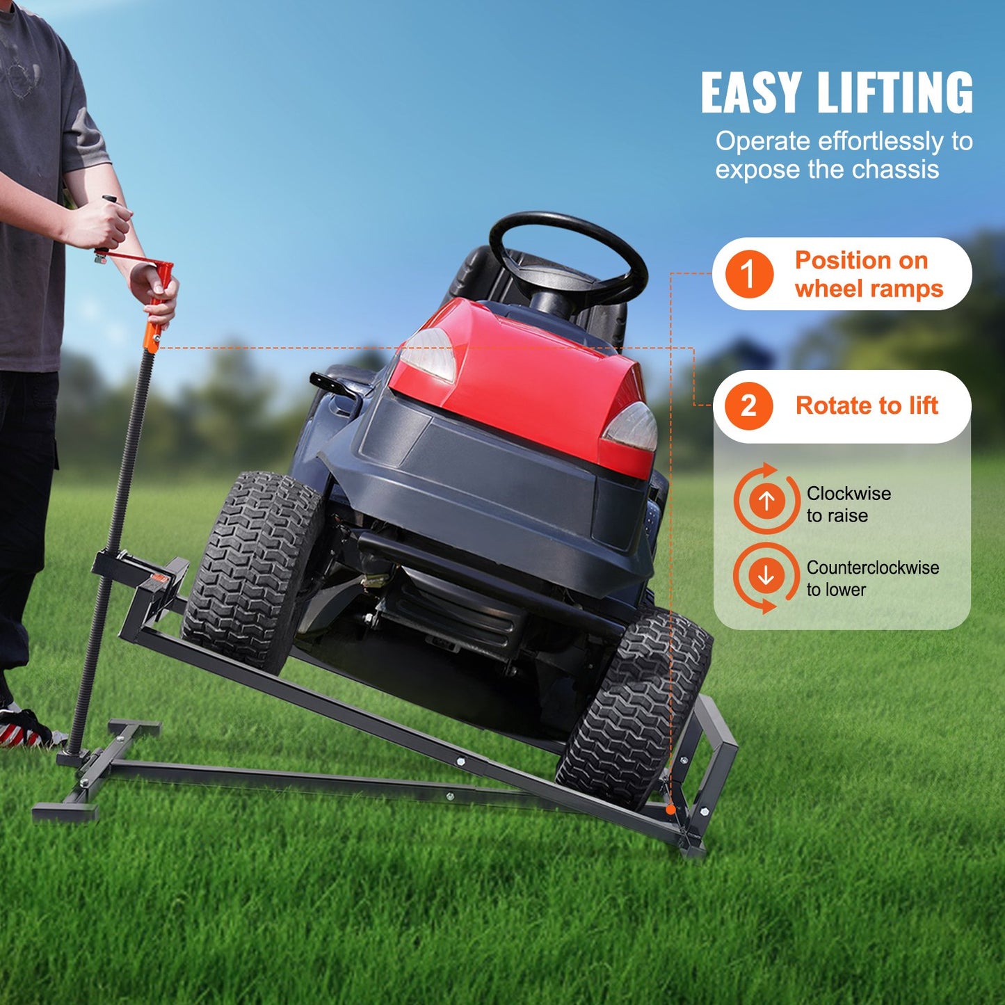 Domkraft för åkgräsklippare, viktkapacitet 880 lbs, teleskopisk domkraft för underhåll med vev och elverktygshandtag, hopfällbar lyftare för gräsklippare och trädgårdstraktorer, svart