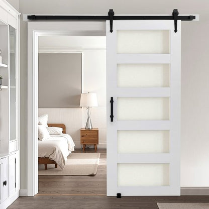 Skjutdörr i ladugård, 914 x 2134 mm, höghållfast MDF-panel och glas, ladugårdsdörr med beslagssats, vattentät PVC-yta, enkel att installera, H-ram, smidig och tyst skjutdörr för vardagsrum