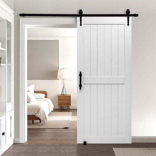 Skjutdörr i ladugård, 914 x 2134 mm, höghållfast MDF-panel, ladugårdsdörr med beslagssats, vattentät PVC-yta, enkel att installera, H-ram, smidig och tyst glidande för vardagsrum, badrum