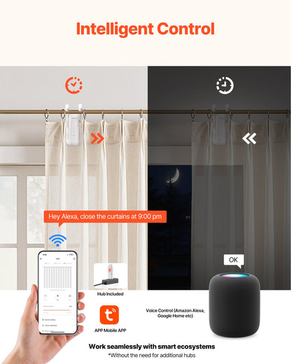 Automatic Curtain Opener, APP and Remote Control, Hub Included, Electric Smart Curtain Opener Compatible with Alexa and Google Home, Timed Opening and Closing, Silent Mode, for Roman Rods