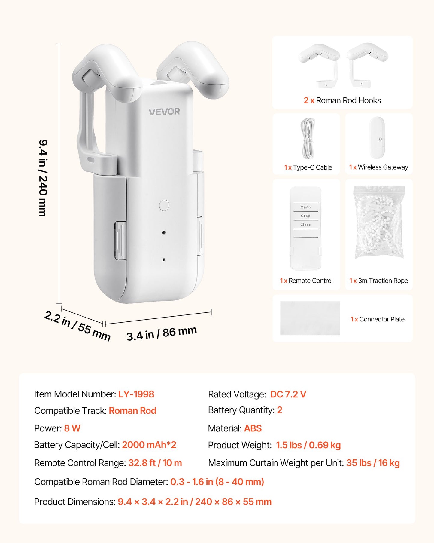 Automatic Curtain Opener, APP and Remote Control, Hub Included, Electric Smart Curtain Opener Compatible with Alexa and Google Home, Timed Opening and Closing, Silent Mode, for Roman Rods