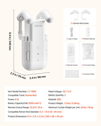 Automatic Curtain Opener, APP and Remote Control, Hub Included, Electric Smart Curtain Opener Compatible with Alexa and Google Home, Timed Opening and Closing, Silent Mode, for Roman Rods