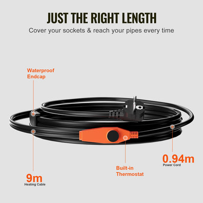 Rörvärmekabel, 9m 23W/m värmetejp för rör med inbyggd termostat, vattenrörsvärmekabel skyddar PVC-slang, metall- och plaströr från frysning
