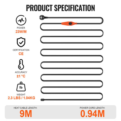 Rörvärmekabel, 9m 23W/m värmetejp för rör med inbyggd termostat, vattenrörsvärmekabel skyddar PVC-slang, metall- och plaströr från frysning