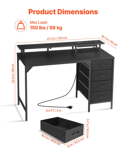 120 cm datorbord med smarta LED-lampor och eluttag, spelskrivbord med 4 stora lådor, skärmstativ, studiematerial för hemmakontor, små utrymmen, enkel förvaring, svart