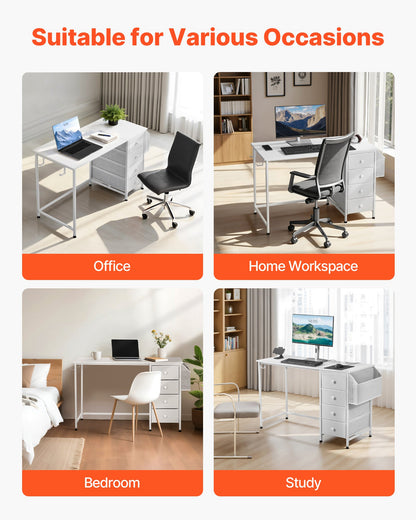 Computer Desk with Fabric Drawers, 120 cm Reversible Study Work Writing Desk for Modern Home Office Bedroom, Simple Modern Cute PC Table Metal Frame Business Furniture, White