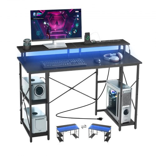 120 cm Computer Desk with Smart LED Lights and Power Outlets, Reversible Gaming Office Desk with Monitor Stand and 2-Tier Storage Shelves, Study Work for Home Office, Black