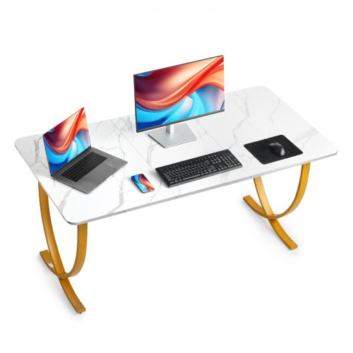 Skrivbord, 160 cm B x 80 cm D Stort kontorsskrivbord, Modernt datorbord Konferensbord Mötesrumsbord, Förstorat skrivbord för hemmakontor, Vitt och guld
