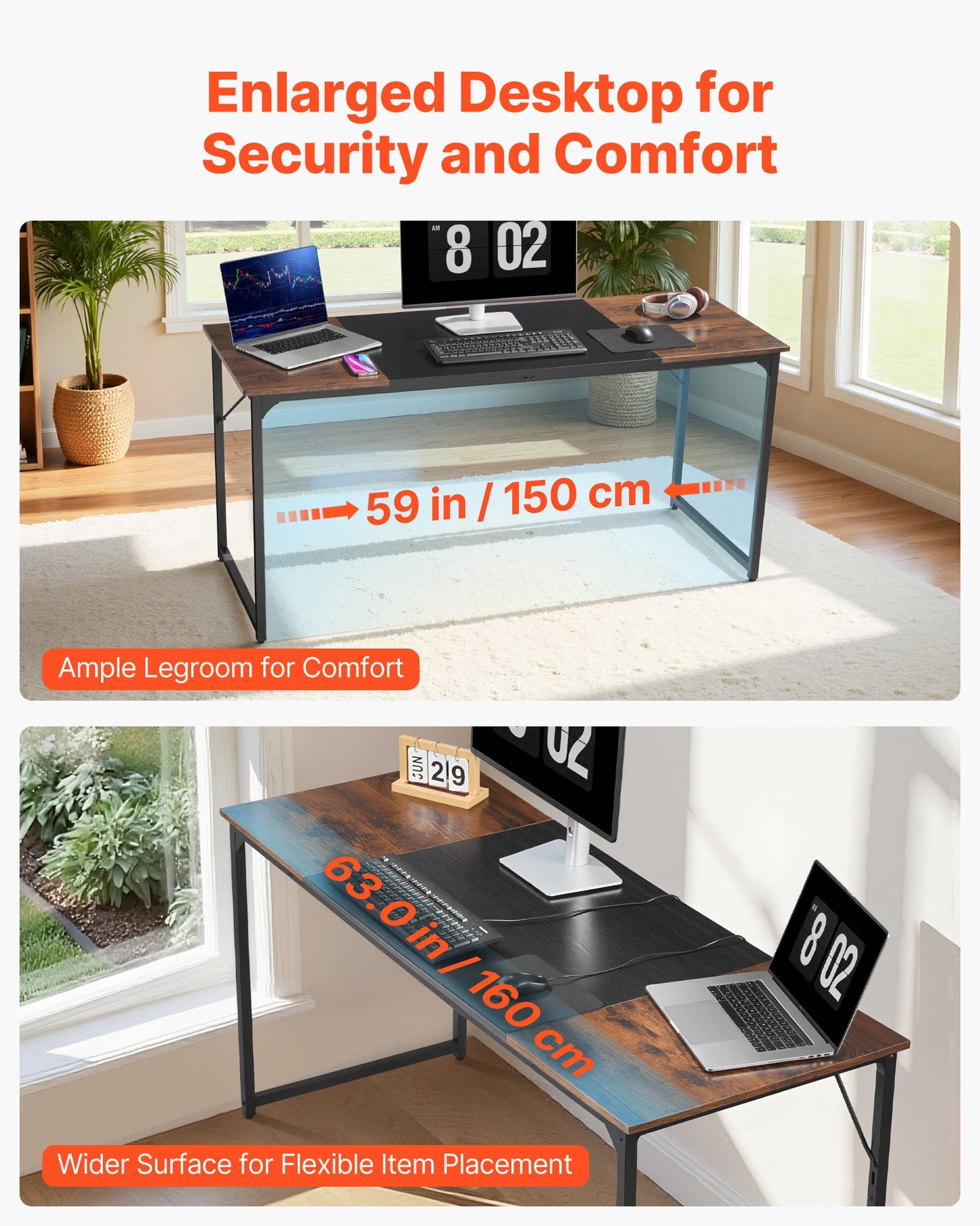 Computer Desk, 160 cm Office Gaming Desk for Home Office, Writing Study Work Modern Simple Table with Metal Frame for Large Legroom, Rustic Brown and Black