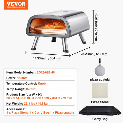 12" elektrisk pizzaugn, bänkskiva, pizzaugn i rostfritt stål med pizzasten och spatel, värmer upp till 850°F, mångsidig pizzaugn för inomhus och utomhusbruk, för restaurang, hemmacamping
