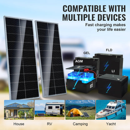 200W monokristallina solpaneler, 2 st monokristallina solpaneler + laddningsregulator, 23 % högeffektiv monokristallin PV-modul, IP68 vattentät för husbil, båt, camping, off-grid-system
