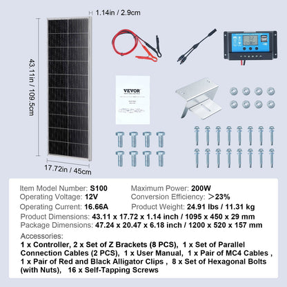 200W monokristallina solpaneler, 2 st monokristallina solpaneler + laddningsregulator, 23 % högeffektiv monokristallin PV-modul, IP68 vattentät för husbil, båt, camping, off-grid-system