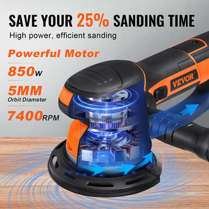 Excenterslip, 6-tums DA &amp; GA dubbelverkande excenterslip, 850W 7400PRM 6 elektrisk handslip med variabel hastighet och 10 st. sandpapper, dammkoppling för träbearbetning och detaljerslipning
