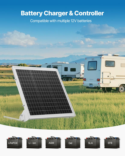 20W 12V solcellsbatteri underhållsladdare, mono solpanel batteriladdare med inbyggd MPPT-kontroller och justerbart monteringsfäste, IP65 vattentät för bil båt husvagn hustak