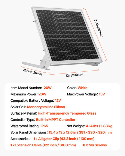 20W 12V solcellsbatteri underhållsladdare, mono solpanel batteriladdare med inbyggd MPPT-kontroller och justerbart monteringsfäste, IP65 vattentät för bil båt husvagn hustak