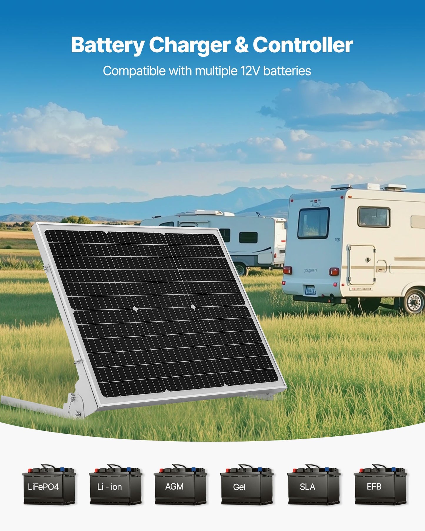 50W 12V Solar Battery Trickle Charger Maintainer, Mono Solar Panel Battery Charger with Upgraded MPPT Controller & Adjustable Mount Bracket, IP65 Waterproof for Car Boat RV Trailer House Roof