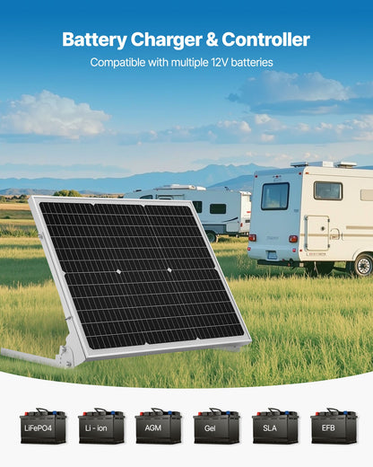 50W 12V Solar Battery Trickle Charger Maintainer, Mono Solar Panel Battery Charger with Upgraded MPPT Controller & Adjustable Mount Bracket, IP65 Waterproof for Car Boat RV Trailer House Roof