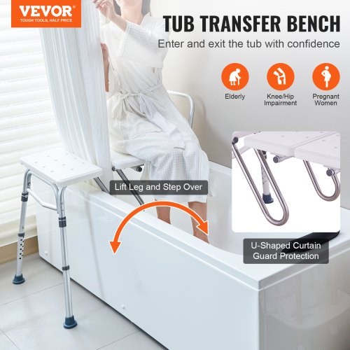 Tub Transfer Bench, Adjustable Bathtub Transfer Bench with U-Shaped Curtain Guard Protection & Reversible Backrest, Non-Slip Shower Seat Bath Bench for Elderly Disabled Injured, 400LBS Capacity