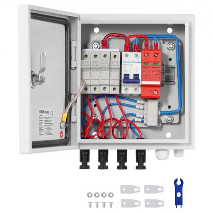 PV-kombinationsbox, 4-strängad, solkombinationsbox med 15A märkströmssäkring, 63A brytare, åskskydd och solkontakt, stålhölje för solpanelsystem på/av elnät, IP65