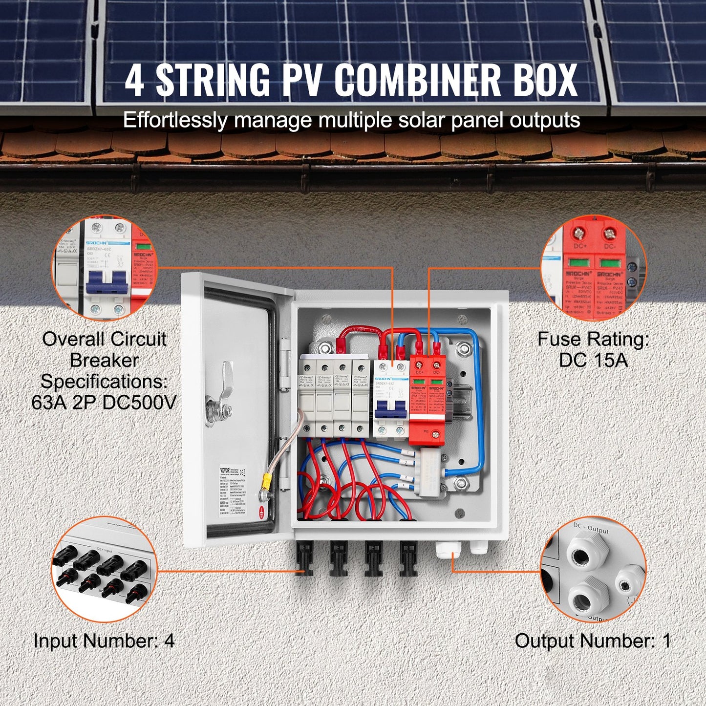 PV-kombinationsbox, 4-strängad, solkombinationsbox med 15A märkströmssäkring, 63A brytare, åskskydd och solkontakt, stålhölje för solpanelsystem på/av elnät, IP65