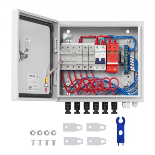 PV-kombinationsbox, 6-strängad, solkombinationsbox med 10A märkströmssäkring, 63A brytare, åskskydd och solkontakt, stålhölje för solpanelsystem på/av elnät, IP65