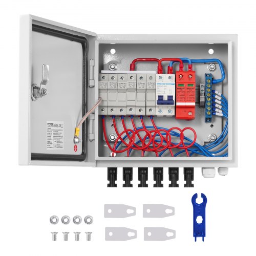 PV-kombinationsbox, 6-strängad, solkombinationsbox med 15A märkströmssäkring, 125A brytare, åskskydd och solkontakt, stålhölje för solpanelsystem på/av elnät, IP65