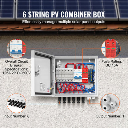 PV-kombinationsbox, 6-strängad, solkombinationsbox med 15A märkströmssäkring, 125A brytare, åskskydd och solkontakt, stålhölje för solpanelsystem på/av elnät, IP65