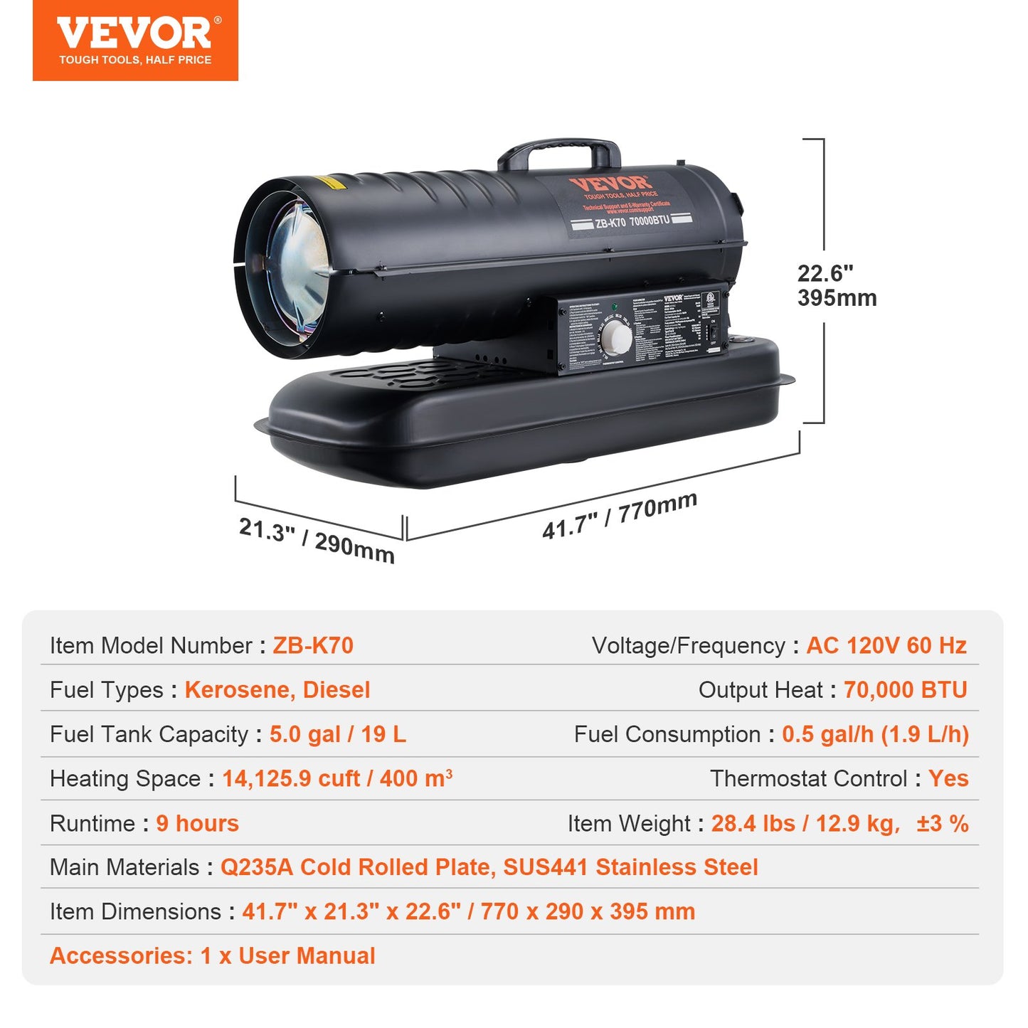 Fotogen-/dieselvärmare, 70000 Btu torpedvärmare, bärbar med termostatkontroll, 19 liters tank effektiv fotogenvärmare för inomhus/utomhusbruk för hem, arbetsplats, industri, verkstäder, svart