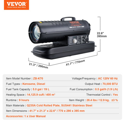 Fotogen-/dieselvärmare, 70000 Btu torpedvärmare, bärbar med termostatkontroll, 19 liters tank effektiv fotogenvärmare för inomhus/utomhusbruk för hem, arbetsplats, industri, verkstäder, svart