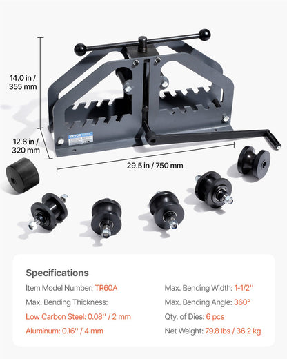 Rörrullbockare, max 1-1/2" manuell rörrullbockare med 6 verktyg, 360° koppar- och aluminiumrörbockningsverktyg för fyrkantiga, runda rör och platt stång, idealisk för HVAC, luftkonditionering och bilreparationer