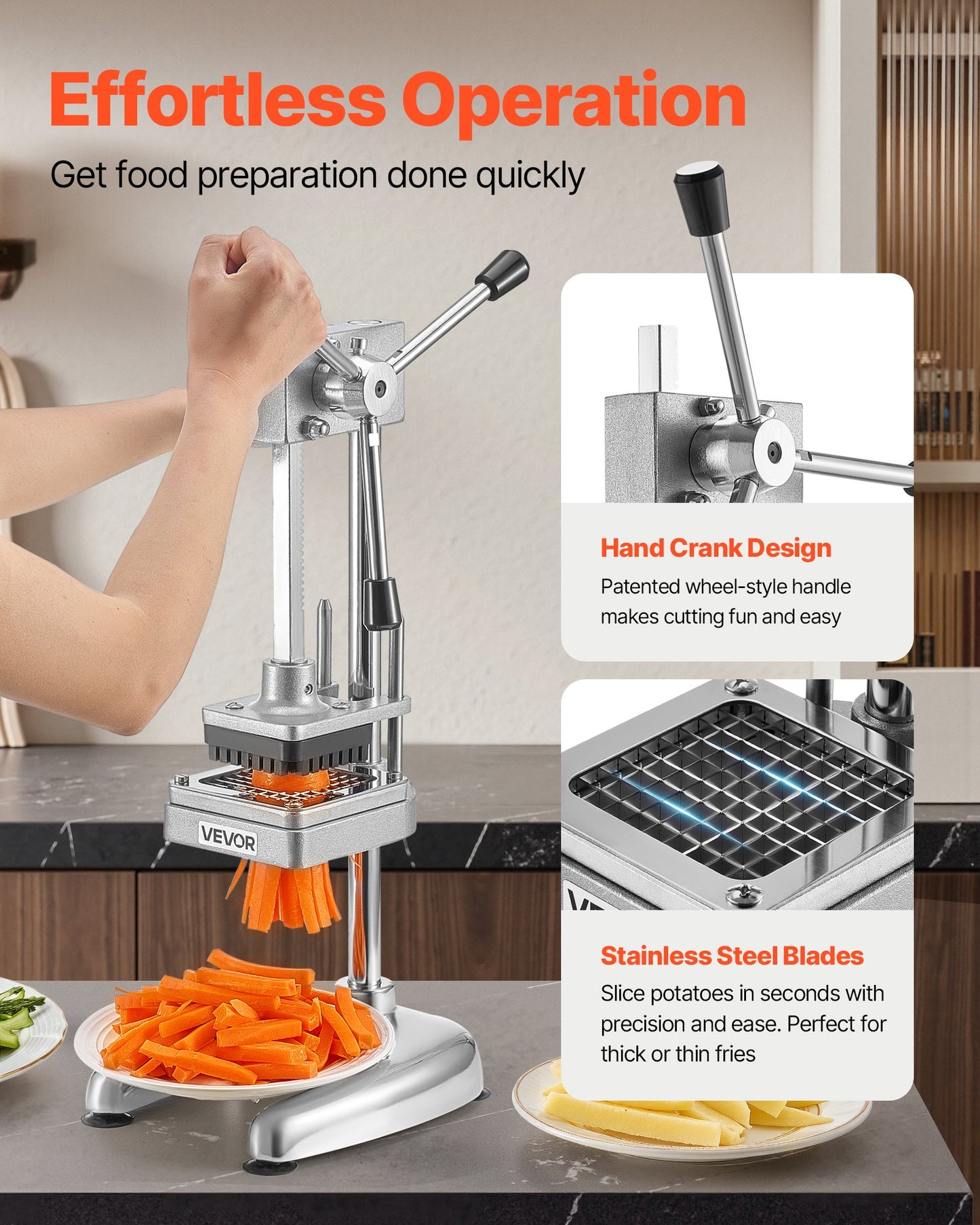 Commercial French Fry Cutter, Stainless Steel Vegetable Fruit Chopper with 3 Replacement Blades 12.7mm 9.5mm 6.4mm, Manual Potato Slicer Dicer for Restaurants & Home Kitchen