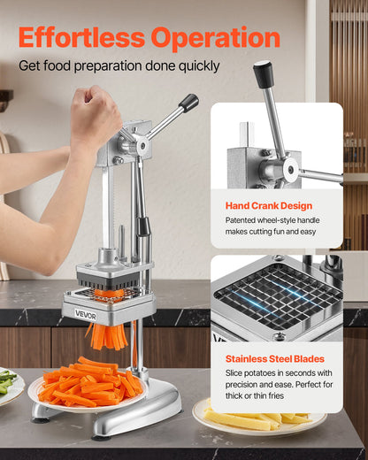Commercial French Fry Cutter, Stainless Steel Vegetable Fruit Chopper with 3 Replacement Blades 12.7mm 9.5mm 6.4mm, Manual Potato Slicer Dicer for Restaurants & Home Kitchen